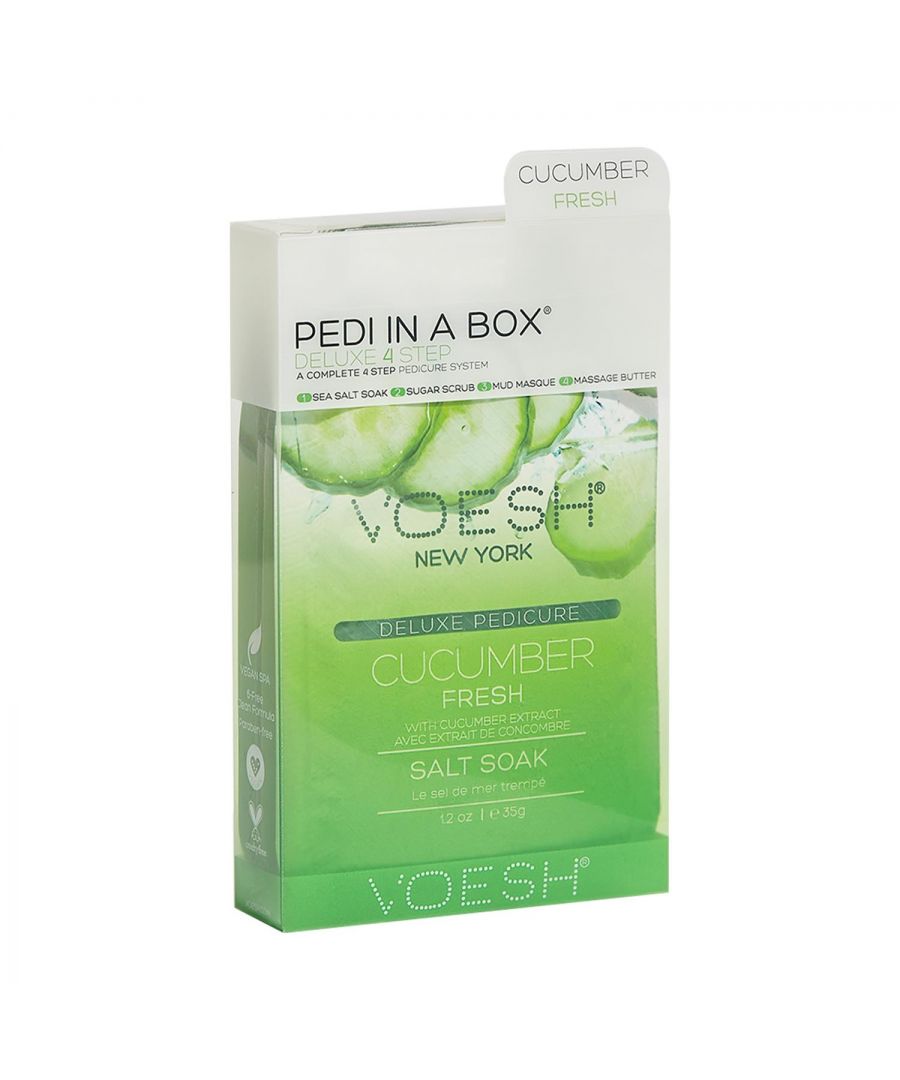 Voesh Cucumber Fresh Deluxe 4 Step Pedicure In A Box with Cucumber Extract.  The Cleanest And Most Hygienic Spa Pedicure Solution. Enriched With Key Ingredients To Give Your Feet The Nutrition It Needs. Each Product Is Individually Packed With The Right Amount For A Single Pedicure.\n\nThe Perfect Pedi For:\nDIY At-Home Pedicure\nDate Night\nBachelorette Parties\nGirls’ Night In\n\nThe kit contains:\nSea Salt Soak: This soak helps relieve tension, stiffness, minor aches and discomfort in your feet. It helps detox and deodorize the feet.\nSugar Scrub: The scrub gently exfoliates dead skin cells and helps soften your feet. Perfect for use on the soles on your feet.\nMud Masque: The masque removes deep-seated impurities in your skin leaving your feet feeling clean and revived.\nMassage Cream: The massage cream hydrates and soothes skin. It softens the soles of your feet and helps prevent dryness and roughness.\n\n4 Step Includes\nSea Salt Soak 35g: to detox & deodorize the feet.\nSugar Scrub 35g: to gently exfoliate dead skin.\nMud Masque 35g: to deep cleanse impurities.\nMassage Butter 35g: to hydrate and soothe skin.