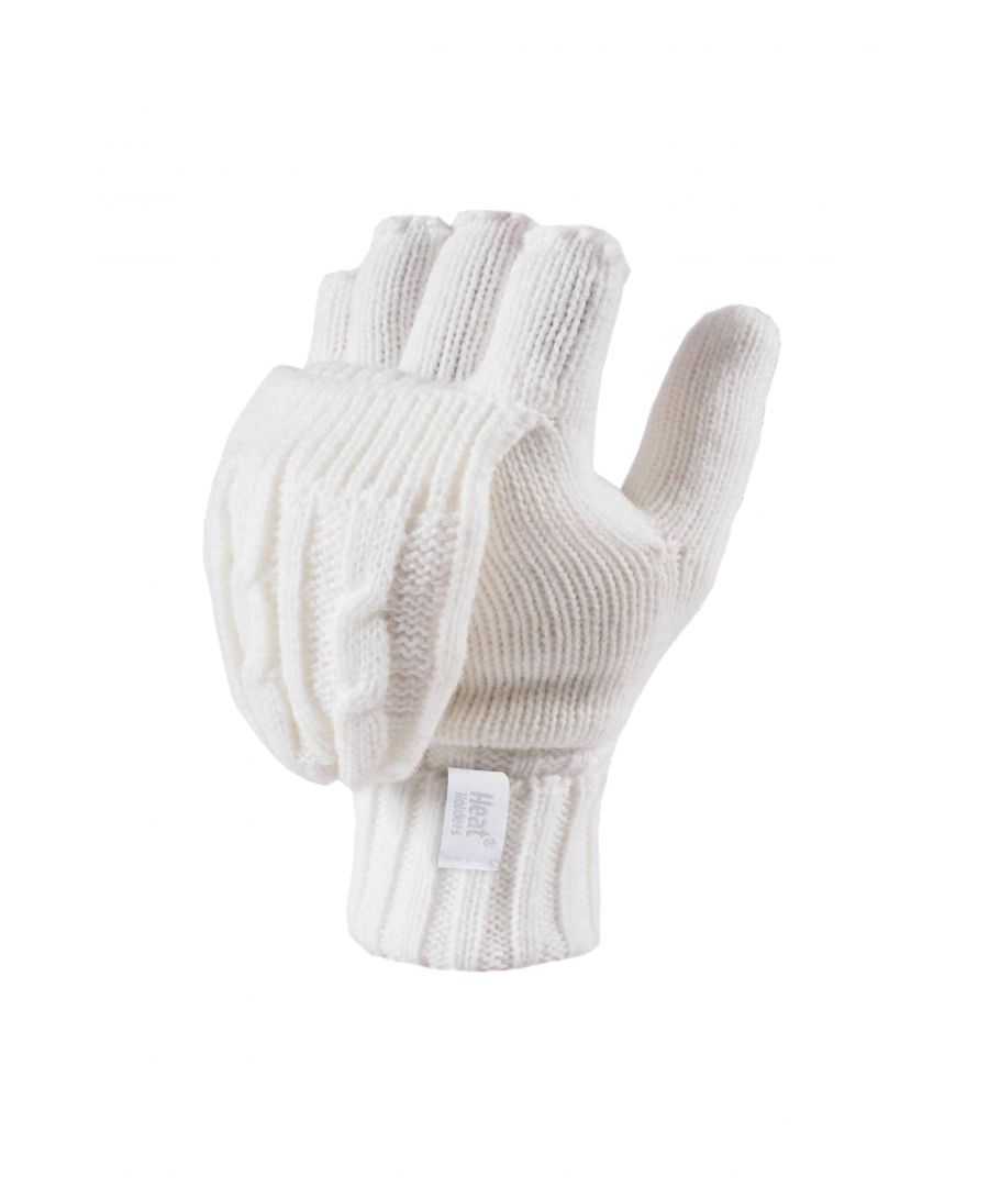 Heat Holders Womenss Thermal Converter Fingerless Cable Knit 2.3 Tog Gloves - Cream - One Size