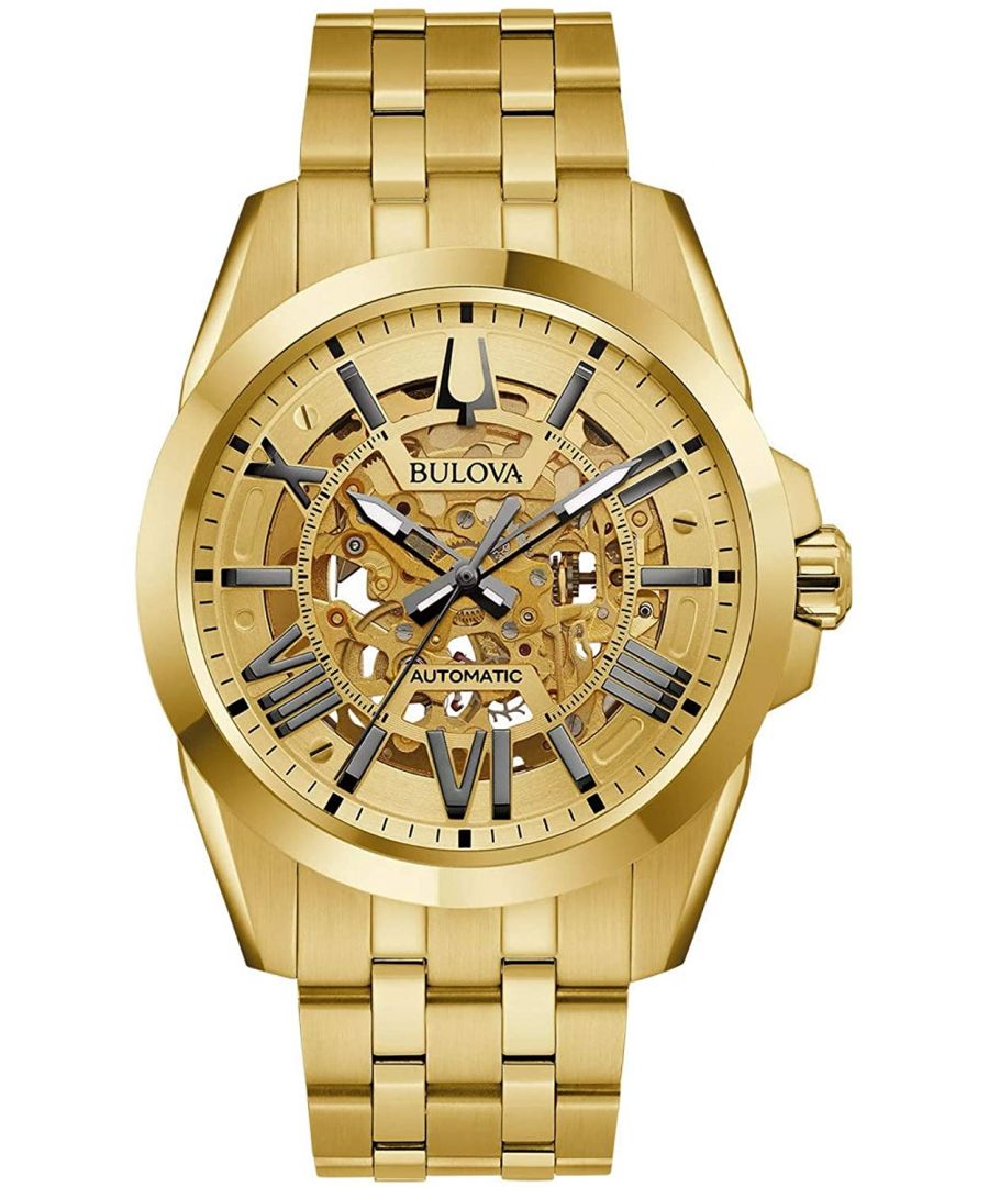 This Bulova Sutton Automatic Analogue Watch for Men is the perfect timepiece to wear or to gift. It's Gold 43 mm Round case combined with the comfortable Gold Stainless steel watch band will ensure you enjoy this stunning timepiece without any compromise. Operated by a high quality Automatic movement and water resistant to 10 bars, your watch will keep ticking. This watch has an automatic watch movement ( recharged by any movement with your wrist; never needs a battery) -The watch has a function: Luminous Hands High quality 21 cm length and 21 mm width Gold Stainless steel strap with a Deployment clasp Case diameter: 43 mm,case thickness: 12 mm, case colour: Gold and dial colour: Gold