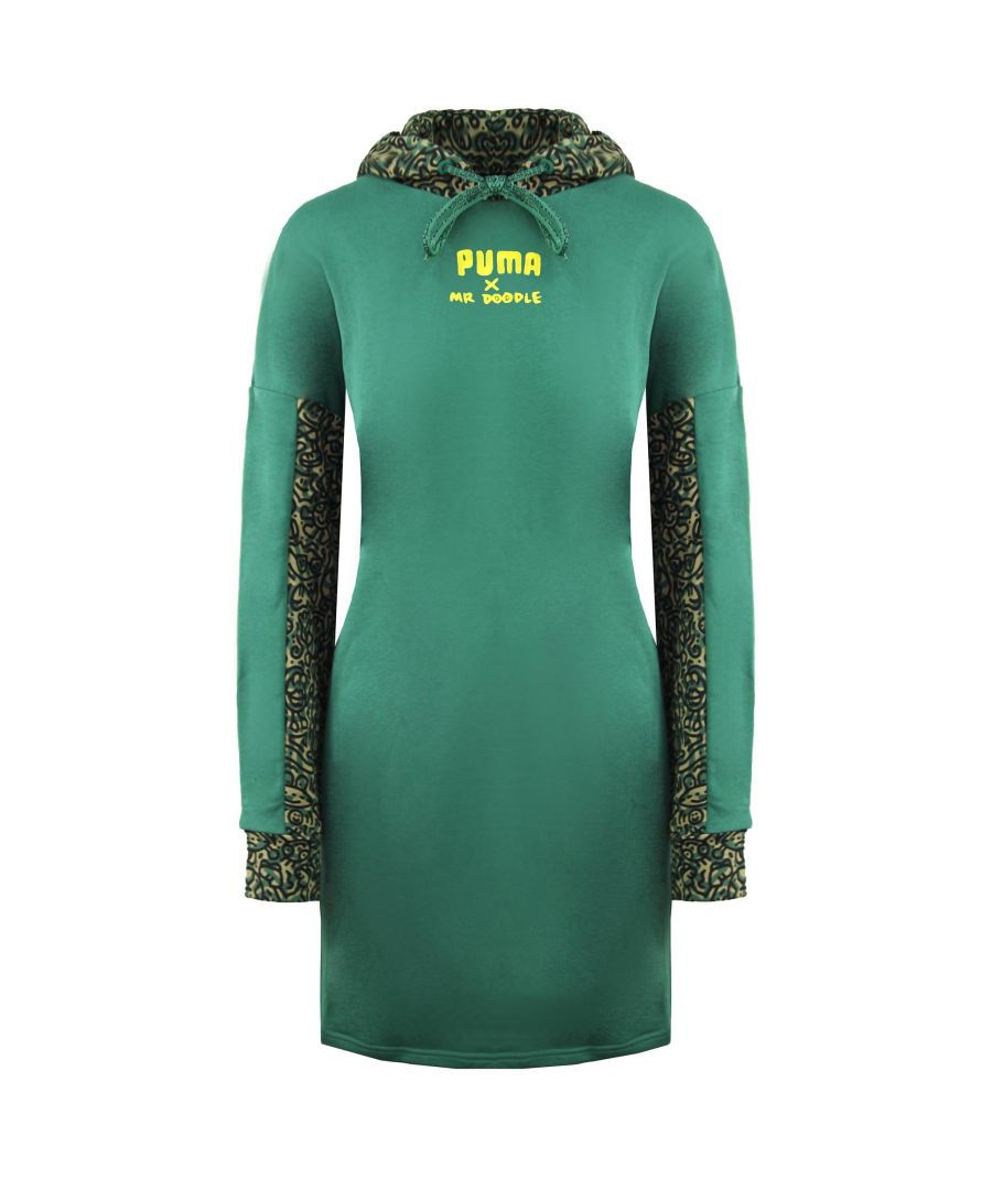 Puma x Mr. Doodle Long Sleeve Pullover Green Womens Hooded Jumper Dress 598686 91