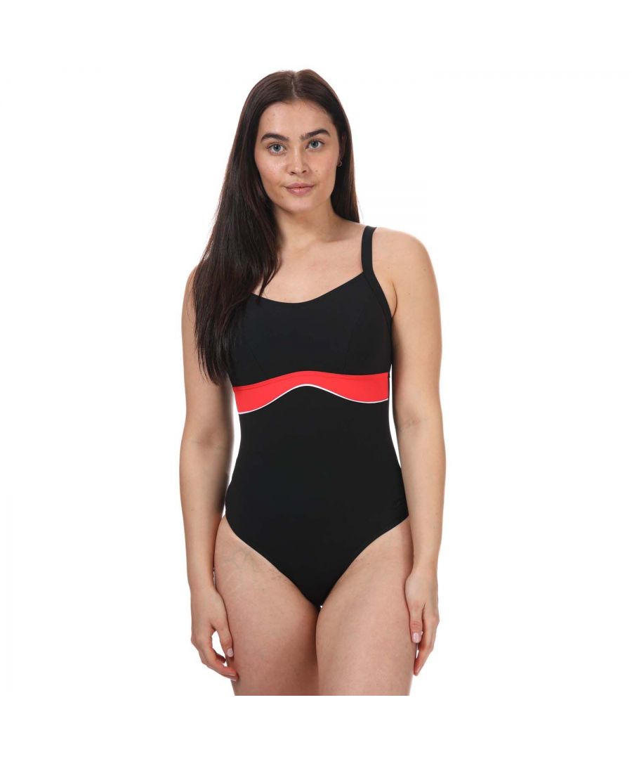 Womens Speedo Sculpture Salacia Clipback Swimsuit in black - red.Body shaping swimsuit  from the Speedo Sculpture collection.- ShapeComprexUltra fabric comfortably shapes and controls the tummy and waist.- XtraLife Lycra fits like new for longer with increased chlorine resistance.- Cut to shape and flatter your bust for comfort  fit and confidence.- Soft and smooth adjustable straps with clipback fastening provide security and a custom fit.- Square neckline with flattering contrast underbust panel flatters the bust and creates a slimming effect.- Medium bust support.- Body: 69% Nylon  31% Elastane.  Panel: 80% Nylon  20% Elastane.  Lining: 100% Polyester.  Machine washable.- Ref: 8-12888B439Please note that returns will only be accepted if the hygiene label is still attached to the product.