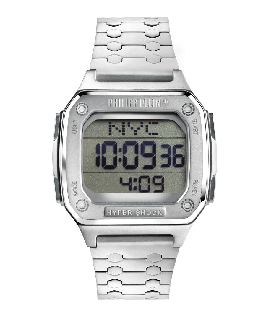 This Philipp Plein Hyper $hock Digital Watch for Unisex is the perfect timepiece to wear or to gift. It's Silver  Rectangular case combined with the comfortable Silver Stainless steel watch band will ensure you enjoy this stunning timepiece without any compromise. Operated by a high quality Quartz movement and water resistant to 5 bars, your watch will keep ticking. This casual and modern watch is perfect for all kind of casual activities, indoor activities or daily use, it's also a great gift for family and friend. -The watch has a calendar function: Day-Date, Stop Watch, Timer, Alarm, Light High quality 20 cm length and 22 mm width Silver Stainless steel strap with a Fold over with push button clasp Case Measurement: 40x44 mm,case thickness: 12 mm, case colour: Silver and dial colour: LCD
