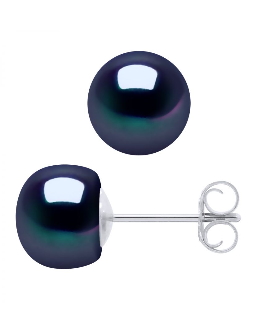 Earrings of 925 Sterling Silver and true Cultured Freshwater Pearls Bouton 7-8 mm - 0,31 in - Black Color Tahitian Style and Push system - Our jewellery is made in France and will be delivered in a gift box accompanied by a Certificate of Authenticity and International Warranty