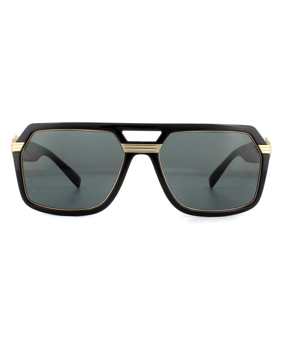 Versace Sunglasses VE4399 GB1/87 Black Dark Grey are a striking angular 80s inspired aviator with lasered polished metal accents and rich Greca Medusa medallions with enamel at the head of the temples.