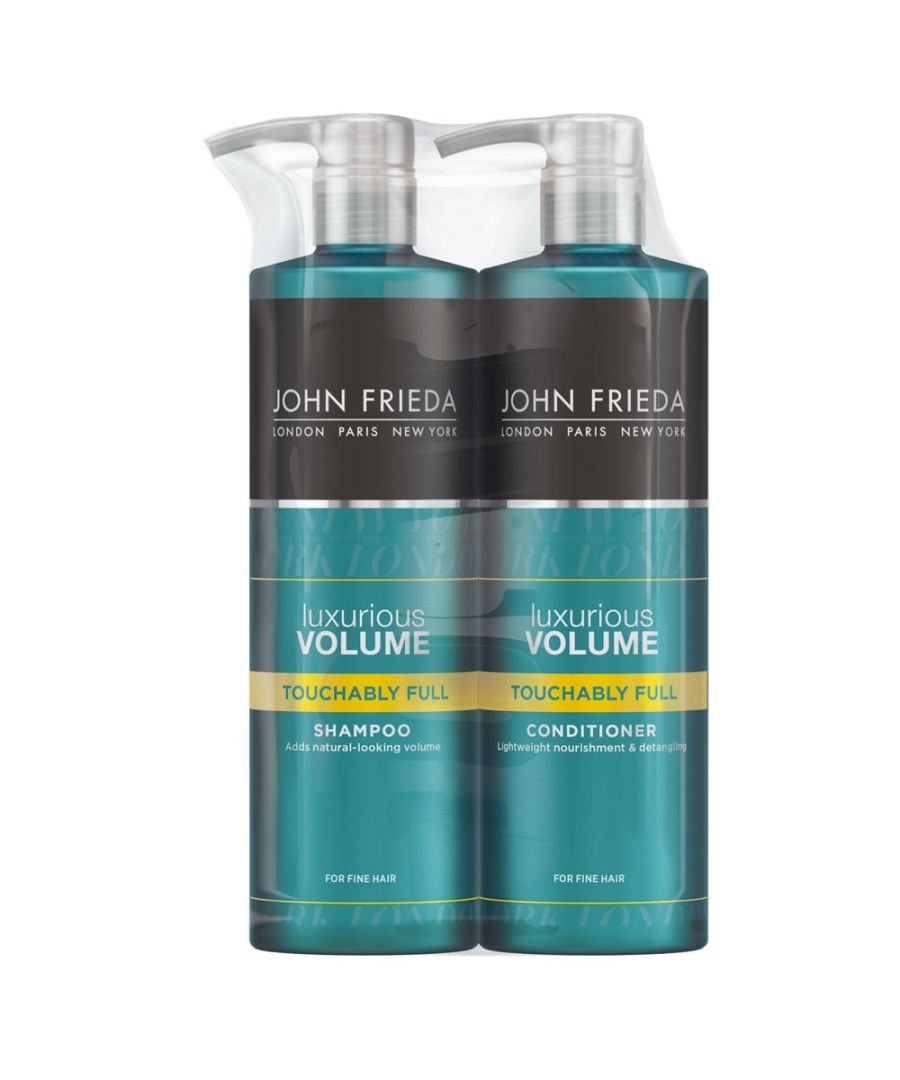 John Frieda Luxurious Volume Touchably Full Hair Shampoo & Conditioner 500ml Duo Pack.  Add natural-looking volume to fine strands. The gentle shampoo, with Caffeine Vitality Complex, cleanses and gives flat strands volume that's touchably soft. Then detangle and nourish hair without weighing it down with the lightweight conditioner which preps volume without tangles. Safe for colour-treated hair. \n\nSet Contains:  1x John Frieda Luxurious Volume Touchably Full Hair Shampoo 500ml & 1x John Frieda Luxurious Volume Touchably Full Hair Conditioner 500ml