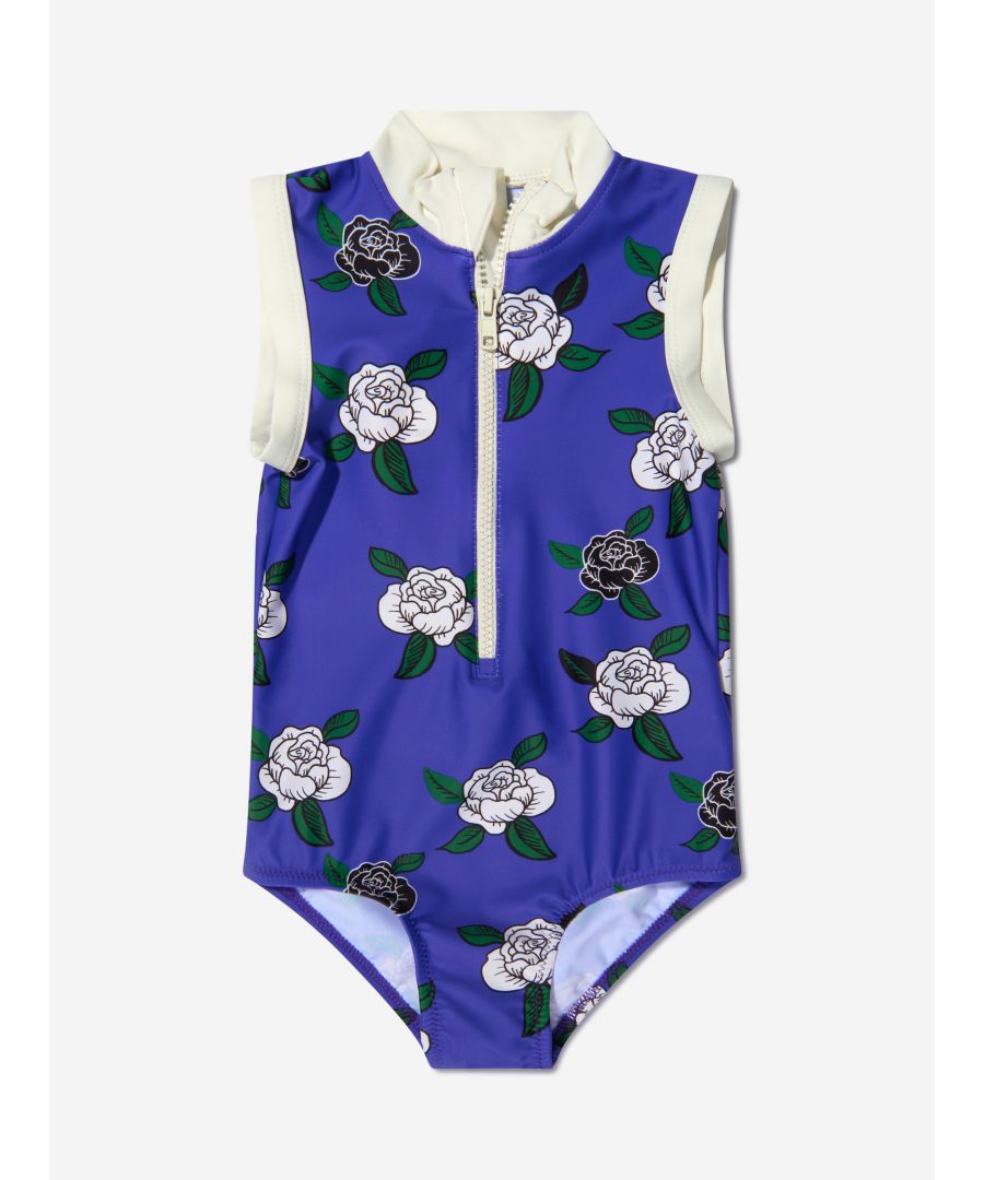 Mini Rodini Girls Rose Print Zip Up Swimsuit - Blue - Size 12-18M