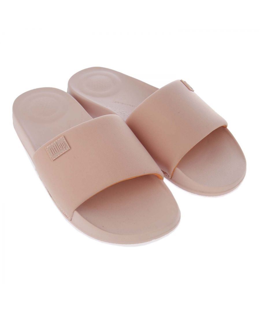 Womens Fit Flop iQushion Slide Sandals in beige.- Synthetic upper.- Slip on closure.- Honeycomb pattern design.- Ultra-Lightweight  ergonomic Iqushion Midsole. - Flexible EVA sole.- Synthetic upper  Textile lining  Synthetic sole. - Ref: EB9883