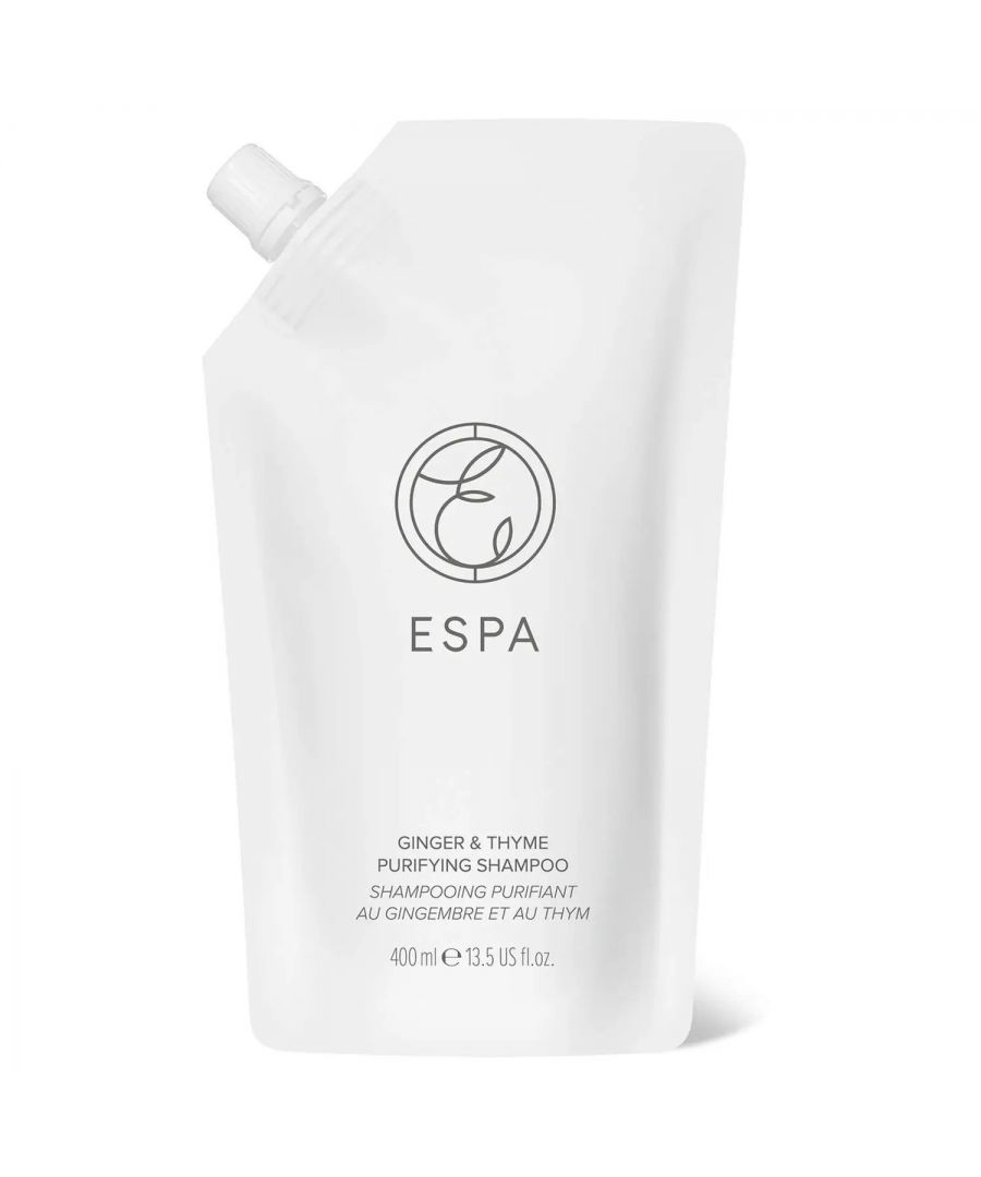 A gentle yet effective purifying shampoo with Coconut, Jojoba and Olive Oils to lightly condition, so hair feels soft and silky, while Honey and ProVitamin help nourish and improve shine. Infused with a luxurious blend of pure essential oils, including Ginger and Thyme, to delicately fragrance for beautifully refreshed hair. \n\nESPA refill pouches use up to 60% less plastic than the ESPA 400ml plastic bottle.