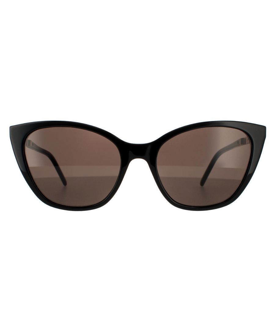 Saint Laurent Cat Eye Womens Black Black Sunglasses SL M69 are an elegant cat eye style crafted in a mix of acetate and metal with enamelled detailing on the temples including the YSL logo next to the hinges.