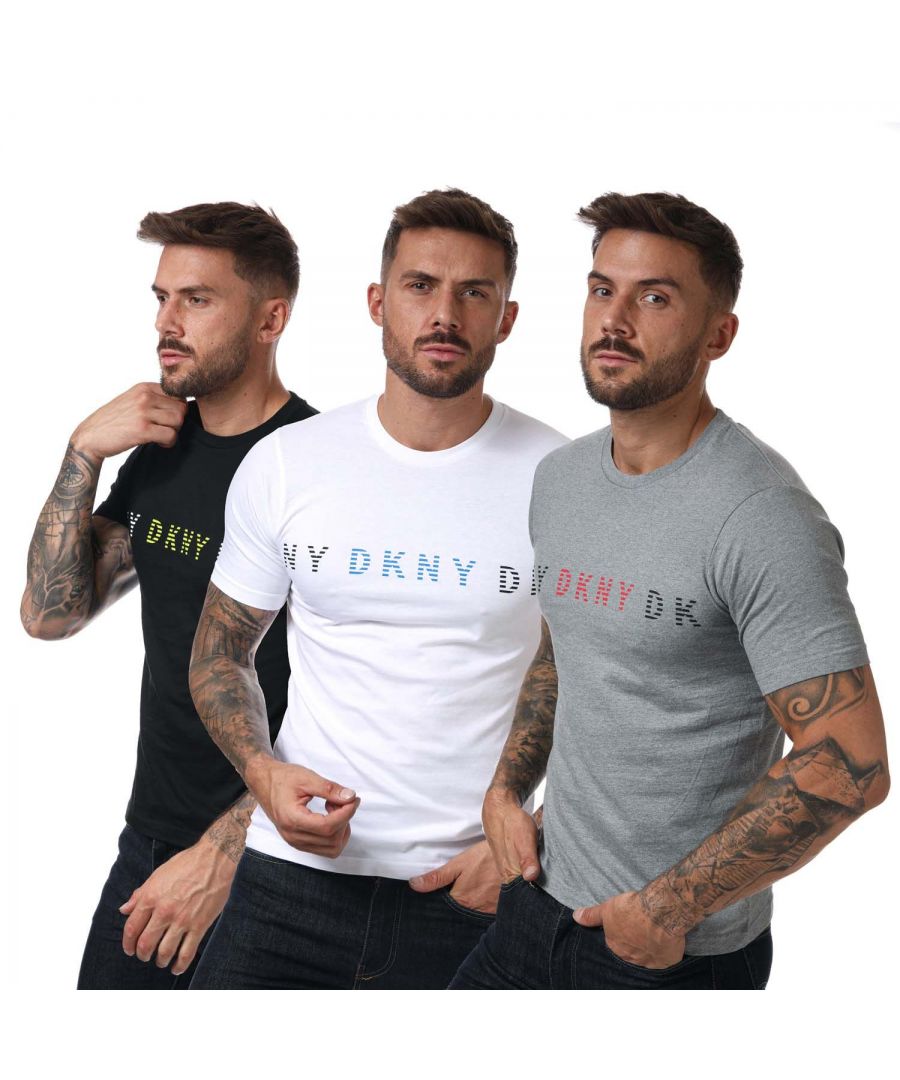 Mens DKNY Patriots 3 Pack T- Shirts in black  grey and white.- Round neckline.- Short sleeve.- DKNY logo print on the chest.- 100% Cotton.- Ref: N56724