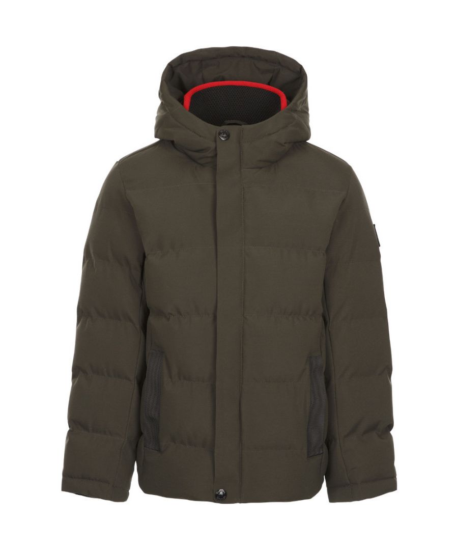 Elasticated Side Panels. Inner Collar. Knitted Inner Collar. 2 Zip Pockets. Grown on Hood. Padded / Quilted Jacket.