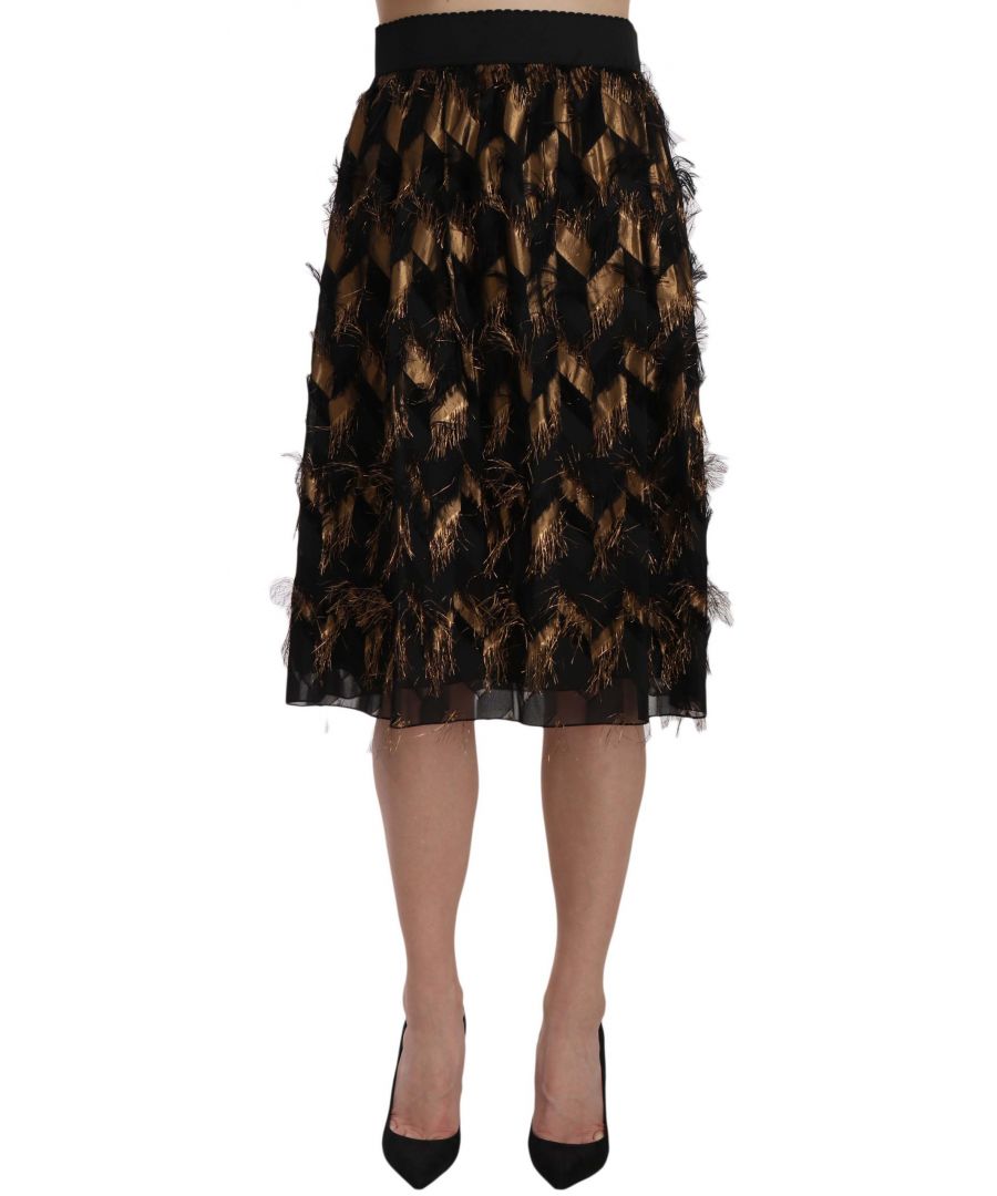 Dolce & ; Gabbana Gorgeous brand new with tags, 100% Authentic DOLCE & ; GABBANA Black Gold Elastic High Waist Skirt Model : High Waist Color : Black Zipper closure on the back Logo details Made in Italy Material : 65% Silk 24% Acetate 11% Polyester
