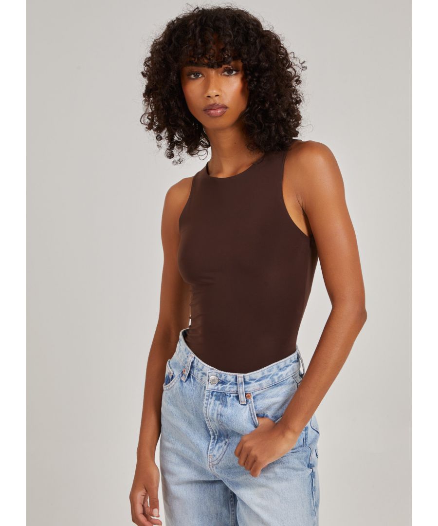 Pink Vanilla Womens Sleeveless Slinky Bodysuit - Chocolate - Size Medium