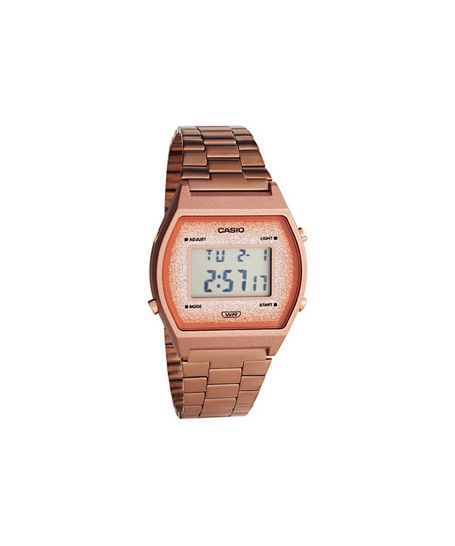 A new interpretation of the classic Vintage style. The B640WCG-5, part of the Edgy Retro collection features an alarm, countdown timer, stopwatch and LED light. The 20mm rose gold coloured bracelet and bezel are complimented by the dazzling sparkly details surrounding the digital display which is housed in a 35mm shaped case. 50m water resistant.Â \nBand Material: ; Band Length: Mens Standard; Case Material: N/A; Movement Type: Quartz; Case Colour: N/A; Case Shape: N/A; Dial Colour: N/A; Display Type: N/A; Water Resistance: N/A; WarrantyDescription: 2 Years