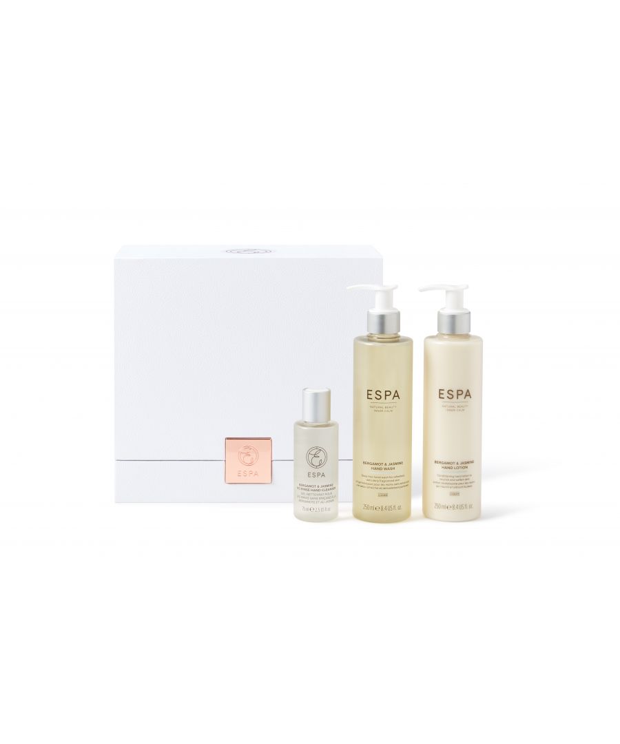 Protect and soothe hard-working hands from day to night, with a luxurious blend of invigorating Bergamot and delicate Jasmine. \n\nCleanse, moisturise, and fragrance your hands with this hand care gift set. The finest pure essential oils offer indulgent skin nourishment and elevate your simplest of rituals.  \n\nThis Gift Contains: \nBergamot & Jasmine Hand Wash – 250ml  \nBergamot & Jasmine Hand Lotion – 250ml  \nBergamot & Jasmine No-Rinse Hand Cleanser – 75ml