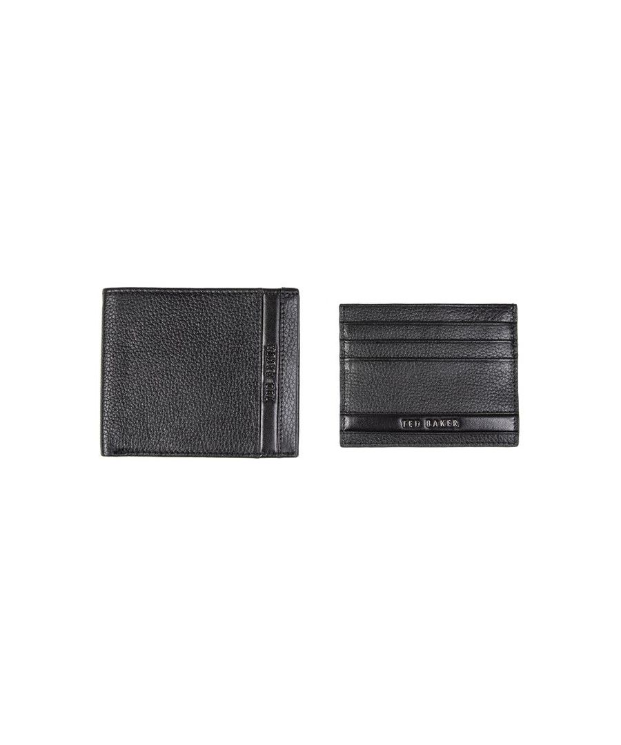 Mens black Ted Baker bifold & card wallet, manufactured with leather. Featuring: eight card sections, note compartment, card wallet and presentation box.