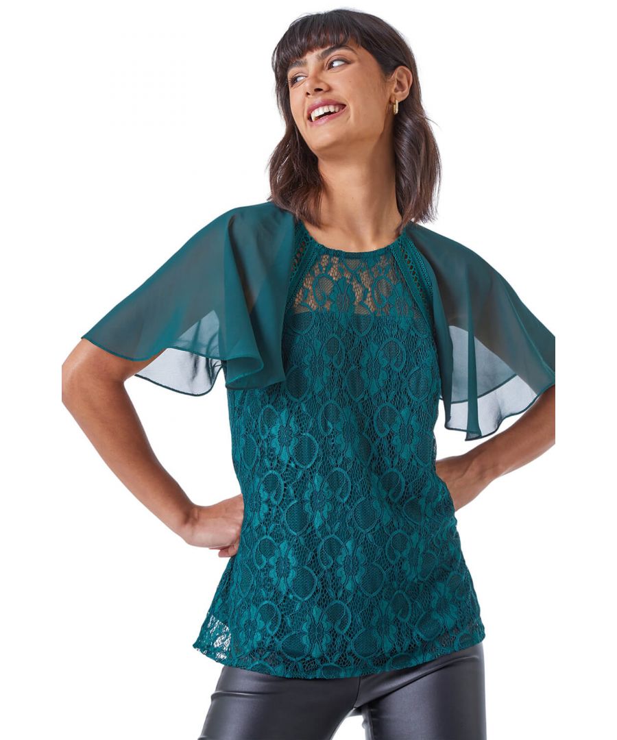 Roman Womens Lace Chiffon Sleeve Shell Top - Green - Size 20 UK