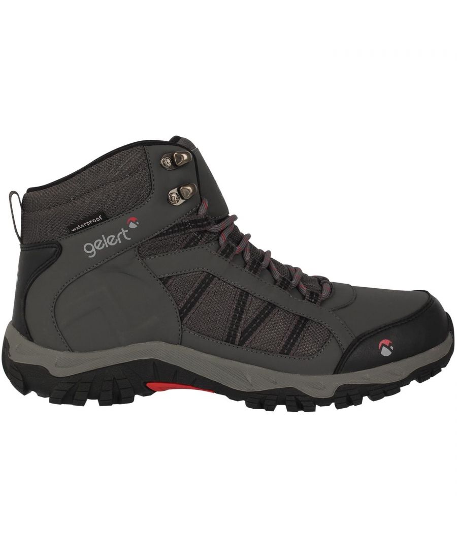 Gelert Horizon Waterproof Mid Mens Walking Boots The Gelert Horizon Waterproof Mid Mens Walking Boots offer a comfortable fit thanks to a full waterproof upper with added mesh panels for breathability, finished with a Gelert moulded rubber sole unit for extra durability and support. These Mens Walking Boots have a full lace up front design for a more secure feel and the cushioned insole for maximum support. > Mens walking boots > Laced > Cushioned insole > Waterproof design > Padded ankle > Waterproof > Gelert moulded outsole > Synthetic / textile upper, Textile inner, Synthetic sole