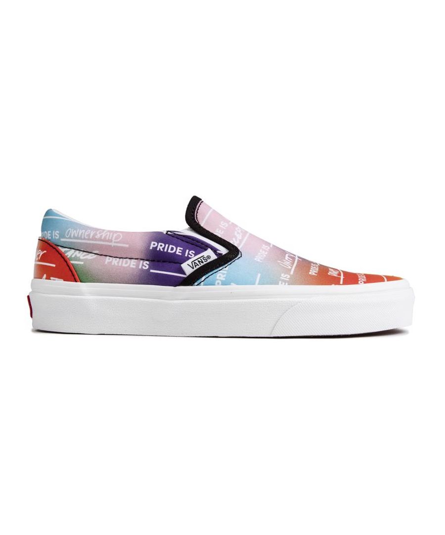 Womens multi Vans slip-on pride trainers, manufactured with canvas and a rubber sole. Featuring: vans x pride, canvas lining and sock and vulcanized outsole.
