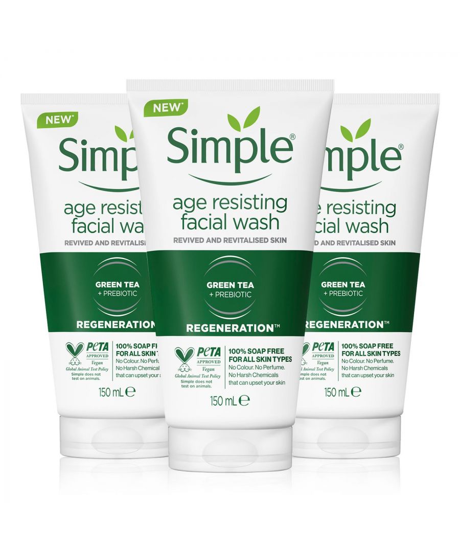 Help to fight the signs of premature ageing from the very start of your beauty routine with the Simple Regeneration Age Resisting Facial Wash! Choosing the right products for your skin is a great step on the road to maintaining that youthful glow; with our special blend of Simple cleansing goodness, featuring ingredients like pro-vitamin B5, vitamin E, chamomile, oat beta-glucan, and green tea & mushroom extracts, our Age Resisting Facial Wash helps to moisturise, tone and gently cleanse the skin.\n\nKey Features:\nSimple Regeneration Age Resisting Facial Wash gently cleanses your skin and helps to fight the signs of premature ageing.\n\nSuitable for even sensitive skin, this face wash not only removes impurities but leaves your complexion visibly clearer too.\n\nSimple facial cleanser is infused with skin-loving ingredients such as pro-vitamin B5, vitamin E, chamomile, oat beta-glucan, and green tea & mushroom extracts.\n\nThis cleanser is made with triple-purified water, our purest possible water that provides instant hydration to the skin.\n\nA face wash that contains no artificial perfume or colour, and no harsh chemicals that can upset your skin.\n\nThis toning cleanser is non-comedogenic, hypoallergenic, dermatologically tested and approved.\n\nPreparation and Usage: In your hands, work a small amount into a lather. Massage onto wet skin, and rinse with water.\n\nSafety Warning: Use only as directed. Avoid contact with eyes. If eye contact occurs wash out immediately with warm water. If irritation occurs discontinue use. As we are always looking to improve our products, our formulations change from time to time, so please always check the product packaging before useWARNING: for external use only. Avoid getting into your eyes.