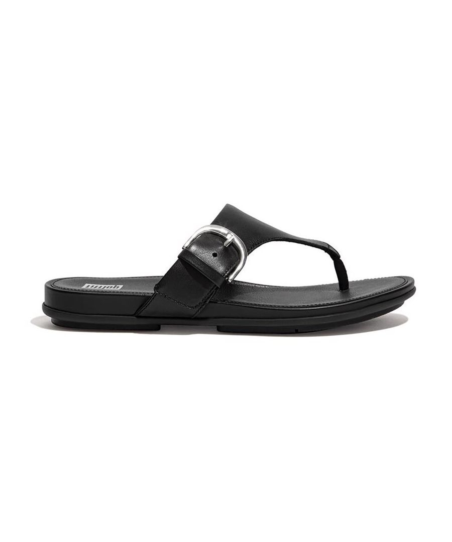 Womens black Fitflop gracie toe-post sandals, manufactured with leather and a rubber sole. Featuring: dynamicush technology, buckle closure, toe post and branded insole.