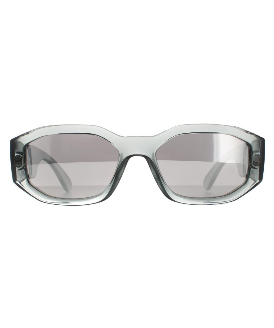 Versace Rectangle Unisex Transparent Grey Light Grey Silver Mirror VE4361 Sunglasses Versace are a stylish rectangle style crafted from chunky acetate.  Versace's trademark medusa head logo features on the thick temples for authenticity