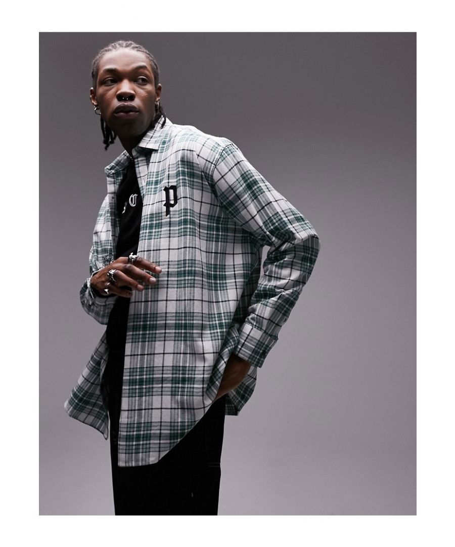 topman mens oversized check shirt with embroidery in green - size small