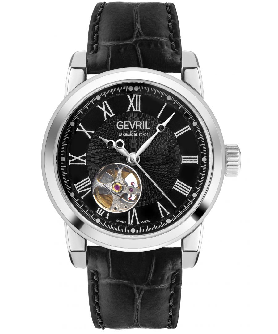 Like a fine suit or smooth scotch, Gevril’s Madison Collection proves straightforward and sophisticated always wins. Like Madison Avenue itself, luxury prevails in the sleek 39mm round Stainless Steel Case with an Exhibition Back. Whether on Italian leather or Stainless Steel bracelet with deployment buckle, the Madison man is bold, authoritative and decisive. The limited edition open-heart window highlights Gevril’s powerful Ruben & Sons Swiss Automatic movement below anti-reflective Sapphire crystal. Precision-ready construction is water resistant up to 50 meters.  Perfect for the real life Mad Man, the Madison Collection demands attention. \n\nGevril Men's Swiss Automatic from the Madison Collection\n\n39mm Round SS Case, Black Dial with Exhibition Case Back\nOpen Heart Window-Limited Edition\nScrew Down Crown\nGenuine Black Italian Calfskin Leather with Tang Buckle\nAnti-reflective Sapphire Crystal\nWater Resistant to 50 Meters/5ATM\nSwiss Automatic Movement 