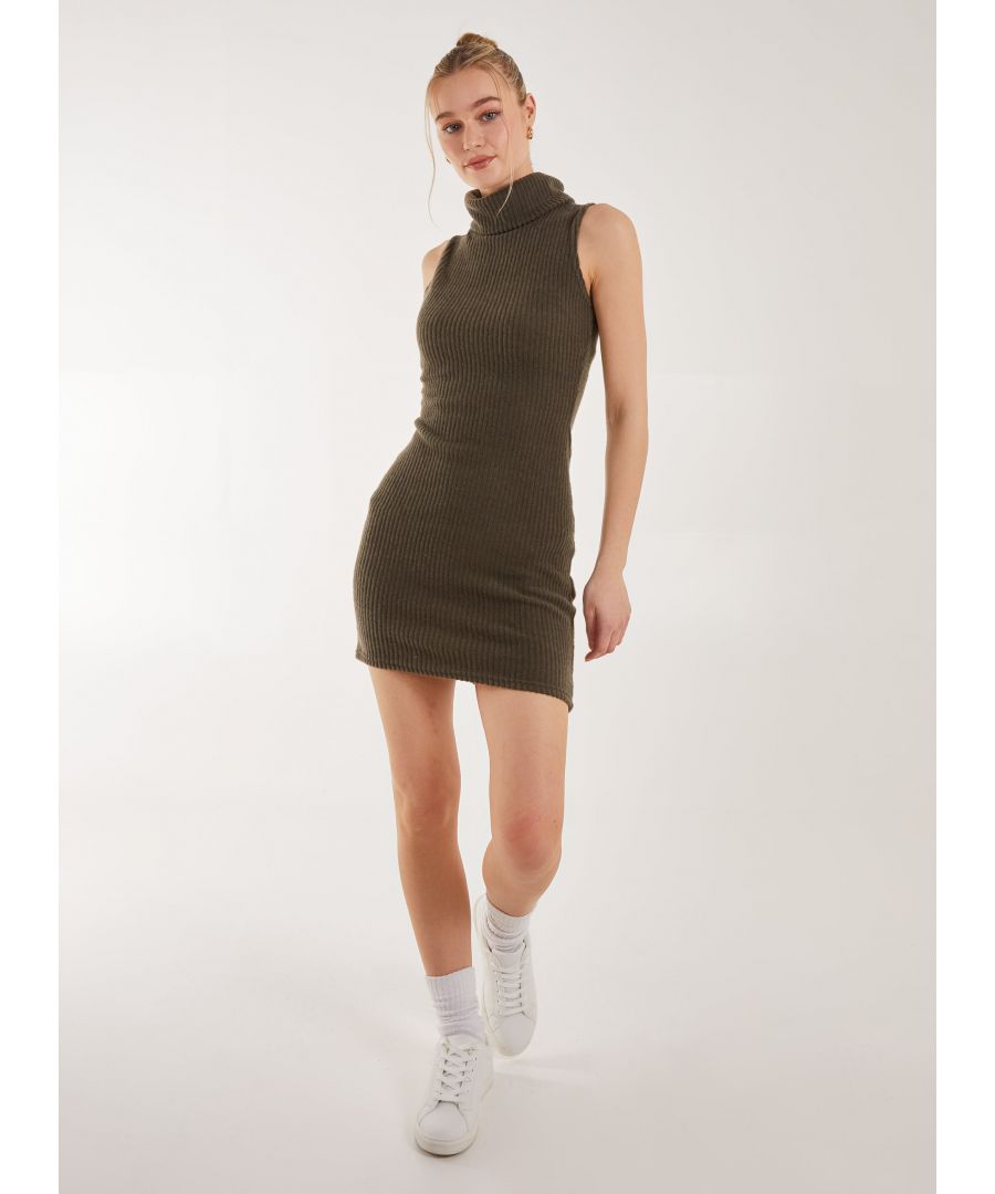 Pink Vanilla Womens Brushed Sleeveless Polo Neck Mini Dress - Khaki - Size 10 UK