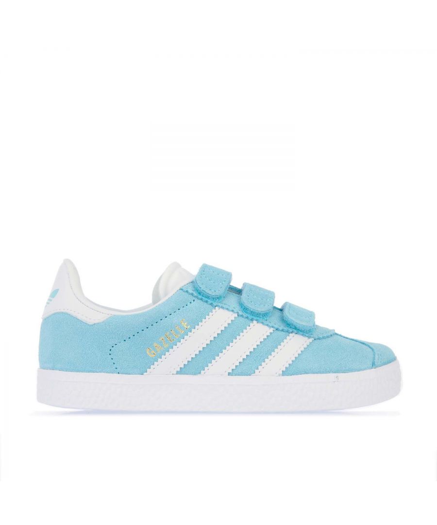 Childrens adidas Originals Gazelle Trainers in aqua.- Suede upper.- Velcro closure.- Serrated 3-Stripes and heel tab.- Gazelle lettering on the side.- Soft and breathable OrthoLite insoles.- Rubber sole.- Leather and suede upper  Textile lining  Synthetic sole.- Ref: H03094C