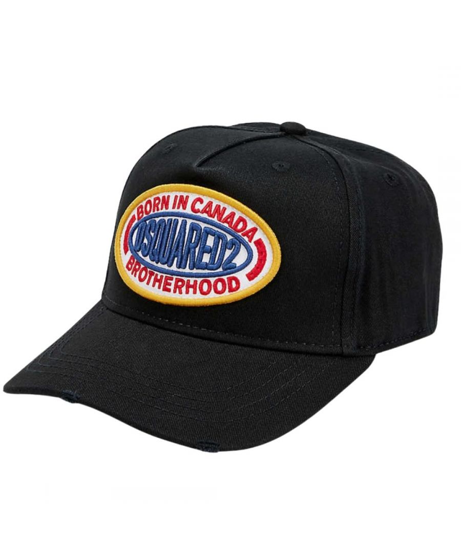 Dsquared2 Born In Canada Brotherhood Black Cap. Style - BCM0525 05C00001 2124. Born In Canada Brotherhood Logo On Front Of Hat. Dsquared2 Baseball Cap, Worn Look. Dean and Dan Caten Embroidered On Rear. 100% Cotton