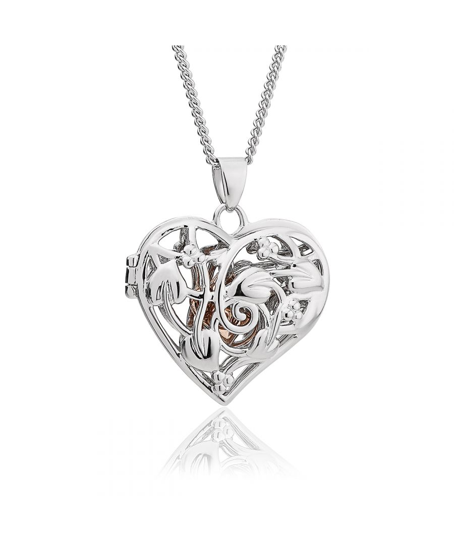 Inspired by the story of the great Tree of Life, the sterling silver and 9ct rose gold Tree of Life heart locket is one of the most intricate and beautiful pieces we we have ever created. Hanging freely, and enclosed within the Tree of Life filigree heart locket, is an intricate detailed heart charm. Contained within this breath-taking design is rare Welsh gold. The silver chain that accompanies this locket measures 22inch which can also be worn at 20inch and 18inch, and is secured by a bolt ring clasp. Available on a 22inch (55.8cm) chain that can also be worn at 20inch (50.8cm) and 18inch (46cm).