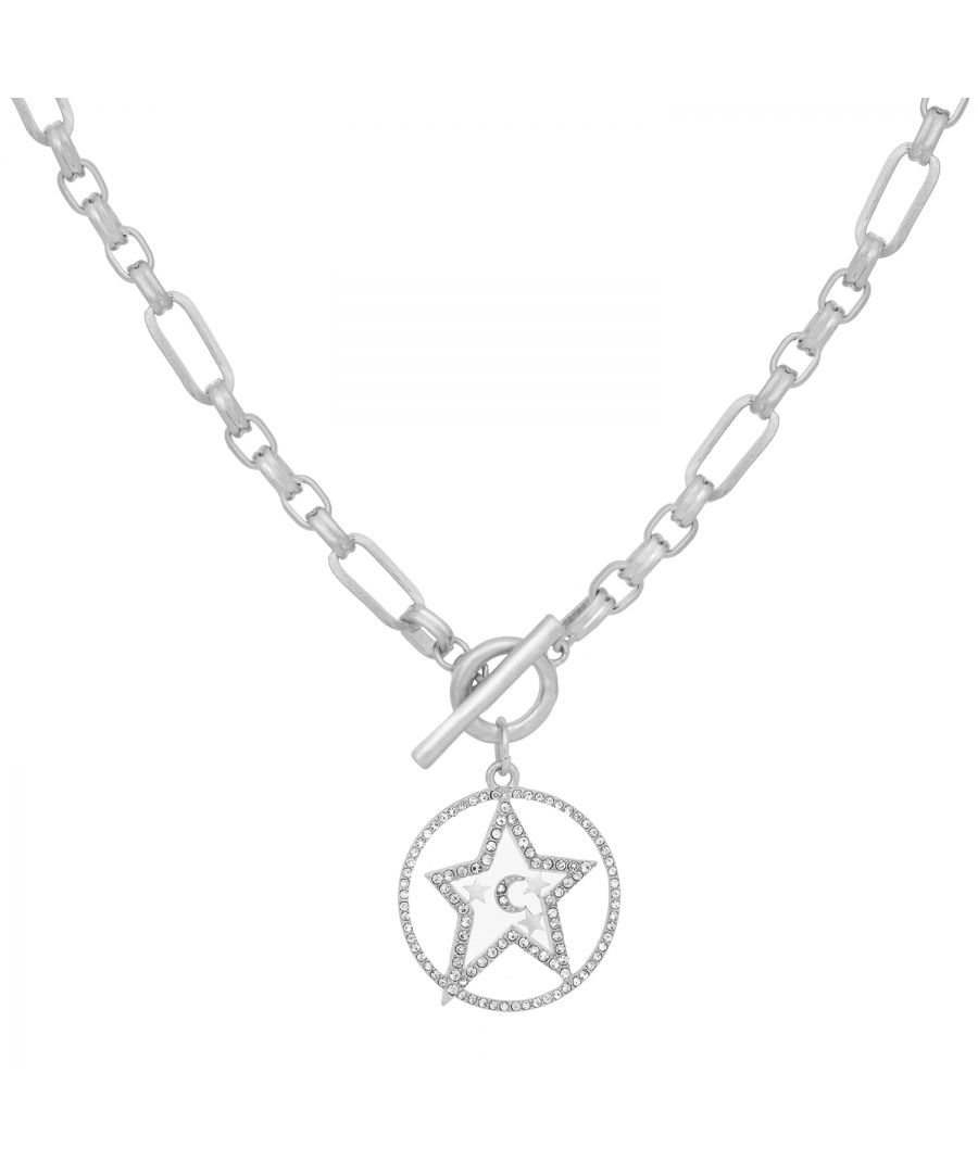 This super stylish silver plated T-Bar necklace with Star and Moon Charm is right on trend and here to make sure you look effortlessly cool with every look. Set on a 16 inch chunky silver chain, the star and moon charm shines bright embellished with sparkling gems and shiny celestial star and moon details subtly placed inside the star. This silver plated necklace features a modern hoop and bar fastening which creates a glamorous jewellery piece that always delivers those ethereal vibes! You can also pair it with a matching Star and Moon bracelet from the collection. Presented in a Ktx jewellery pouch to keep safe or make the perfect gift!