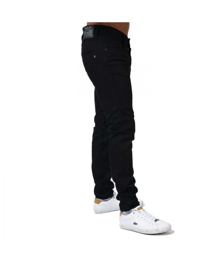 Mens Replay Anbass Slim Fit Stretch Jeans in black.- 5-pocket construction. - Zip fly and button fastening.- Belt loops.- Replay logo patch on the back.- Small metal signature  inchR inch on the left back pocket.- Slightly tapered leg.- Slim fit.- 61% Cotton  31% Modal  6% Polyester  2% Elastane.- Ref: M914Y85B010098