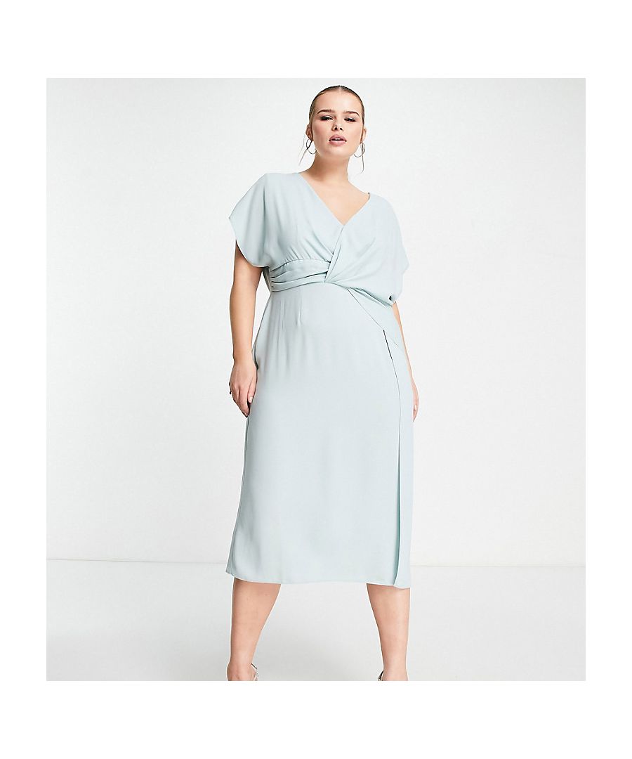 Asos Curve Womens Design Twist And Drape Front Midi Dress In Duck Egg-Blue - Size 24 Uk