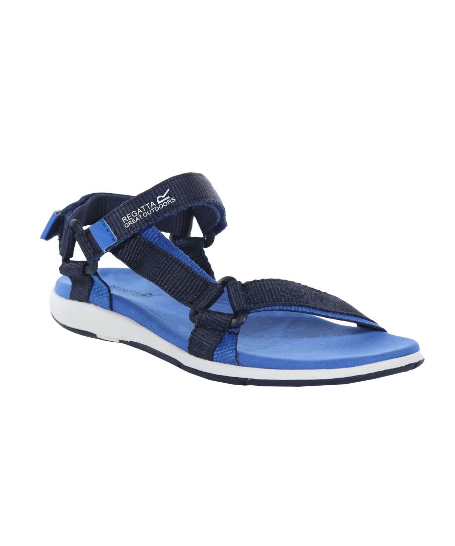 Material: Polyamide, Polyester. Upper: Webbing. Outsole: Gripped, Rubber. Fabric Technology: Shock Absorbing. Anatomically Shaped Footbed, Heel Grip. Flat Heel. Design: Logo. Fastening: Adjustable Straps. Sustainability: Made from Recycled Materials.