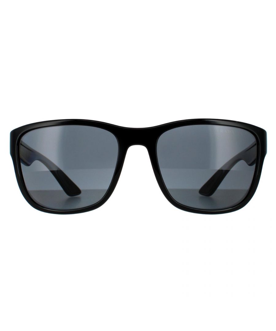 Prada Sport Rectangle  Mens Black Grey Polarized  Sunglasses Prada Sport are an easy to wear rectangular style. The bold style features thick temples with the red Prada Sport logo. A rubberised finish gives a sporty feel and the rubber inserts on the insides of the temples help to hold the sunglasses in place.