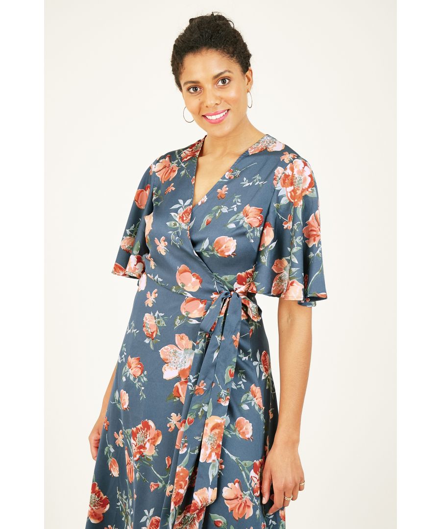 This Yumi Floral Kimono Midi Dress ticks all boxes when it comes to feminine dressing. Covered in smooth satin, it's decorated with a colourful floral print that pops against the teal fabric. It's framed by flared sleeves and a wrap bodice that create a relaxed shape, whilst the tie waist is designed to accentuate your profile. Our designers have added a refined V-neckline to lend a modest touch to your look. For the perfect finish, turn to metallic heels and a matching clutch bag.  100% Polyester Machine Wash At 30 Length is 123cm-48.4inches