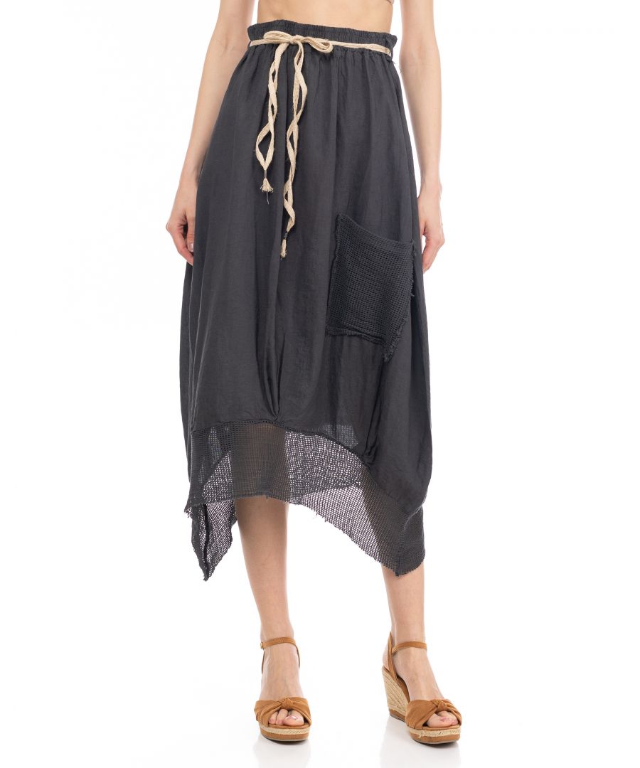 Linen maxi skirt with elastic waist, cord and pocket