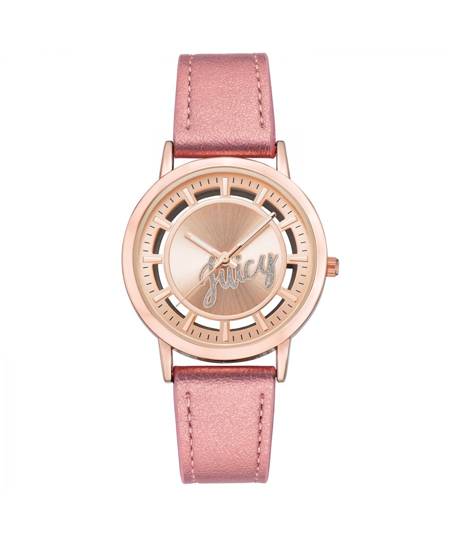 Juicy Couture Watch JC/1214RGPK\nGender: Women\nMain color: Rose Gold\nClockwork: Quartz: Battery\nDisplay format: Analog\nWater resistance: 0 ATM\nClosure: Pin Buckle\nFunctions: No Extra Function\nCase color: Rose Gold\nCase material: Metal\nCase width: 36\nCase length: 36\nFacing: Rhine Stone\nWristband color: Rose\nWristband material: Leatherette\nStrap connecting width: 8\nWrist circumference (max.): 22.8\nShipment includes: Watch box\nStyle: Fashion\nCase height: 7\nGlass: Mineral Glass\nDisplay color: Rose Gold\nPower reserve: No automatic\nbezel: none\nWatches Extra: None