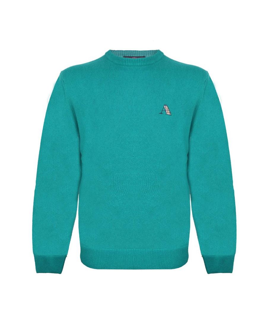 Aquascutum Mens Long Sleeved/Crew Neck Knitwear Jumper with Logo in Turquoise Cotton - Size Medium