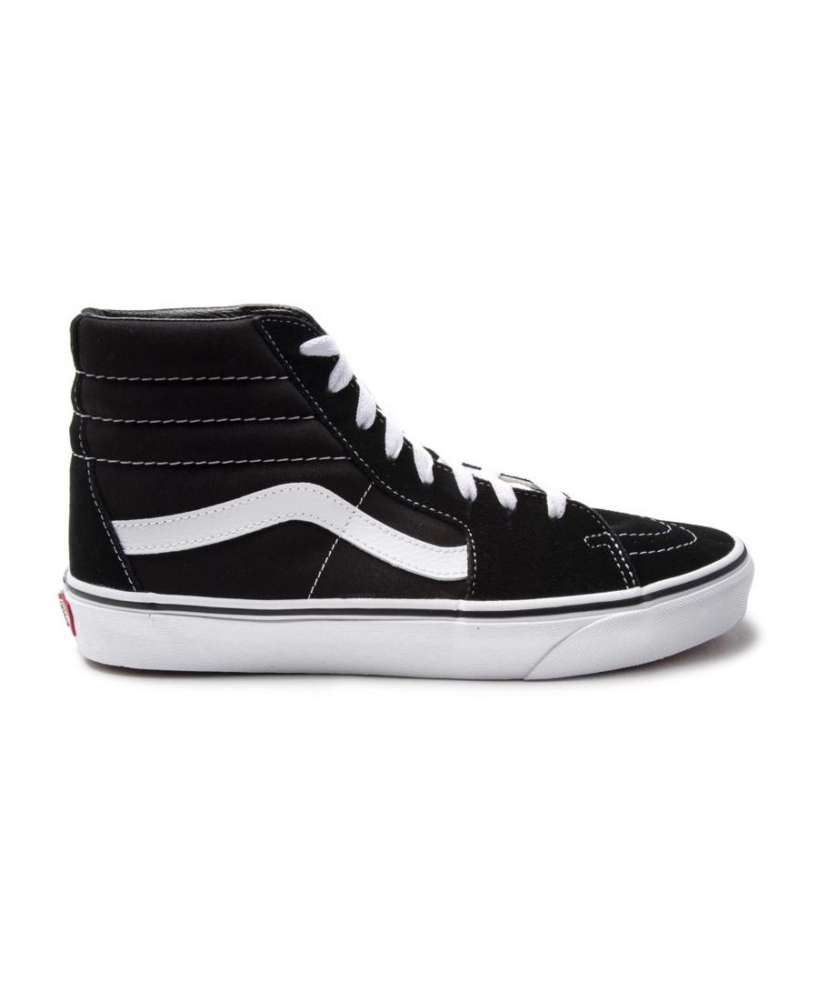 The Sk8-hi Trainers From Vans Are The Epitome Of Old School Skate Style. These High Trainers Have A Black Suede Upper, A Vulcanised White Sole And The Legendary White Vans-stripe To The Side. These Kicks Feature The Signature Logo And White Stitching For A Cool Look And Are Finished With Ankle Cushioning For Added Comfort And A Rubber Sole For A Good Grip.