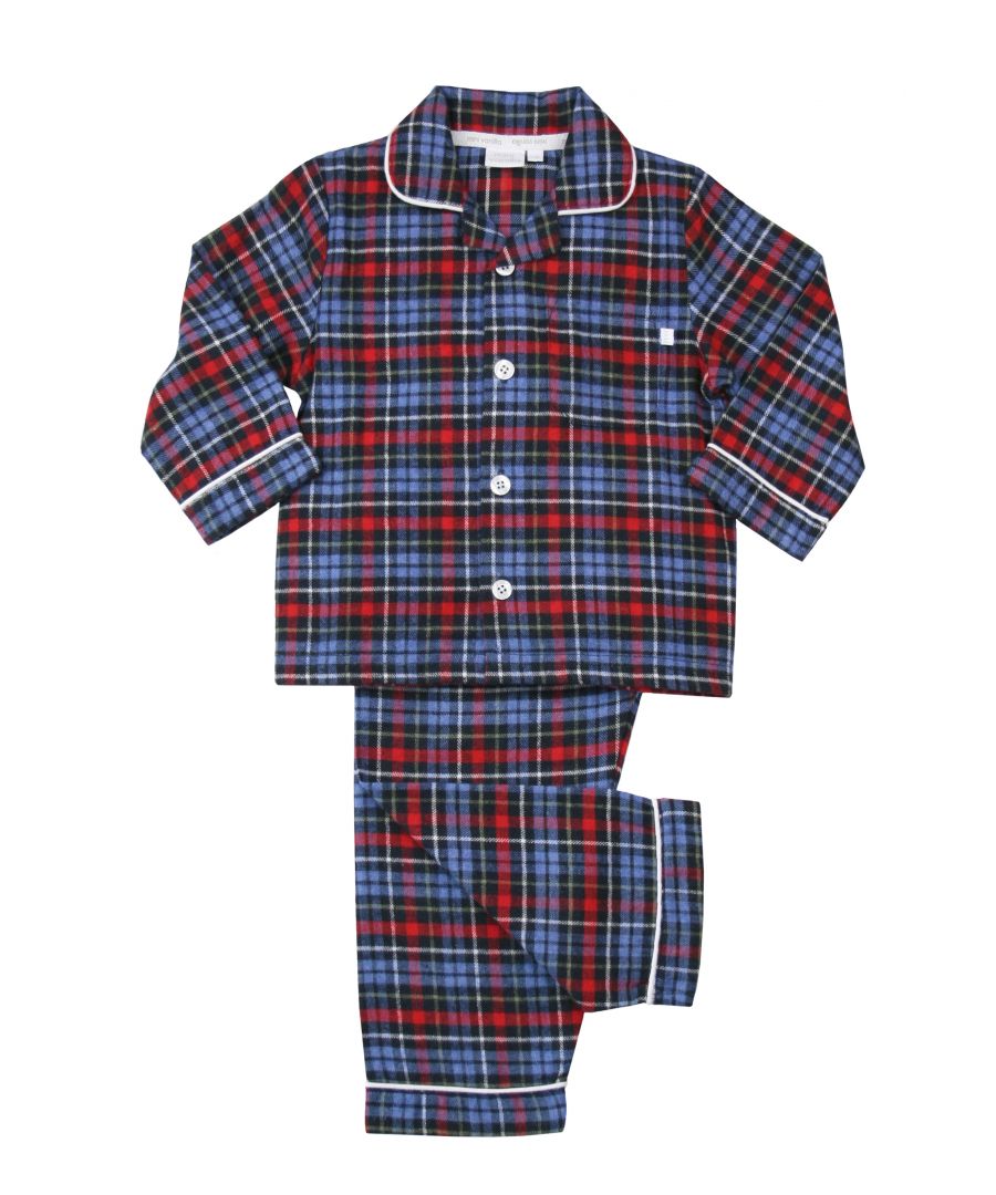 Boys Blue and Red Check Traditional PJ Set. \n\nClassic Plaid Check in Blue & Red with White & Navy highlights combine to create another winning Mini Vanilla check pyjama set. Made from super-soft, brushed 100% cotton, the PJ set is trimmed with white cotton piping. The long-sleeved top has an open collar, a single chest pocket and fastens at the front with engraved buttons. Fully elasticated at the waist, the trousers have a comfy fit. These kids PJ's make a great gift. \n\nBrushed winter cotton fabric for those chilly nights make them extremely cosy. Very smart indeed!  Your little one will look so grown up in these traditional check fabric Pyjamas.  Just like daddy!\n\nFEATURES:\n100% cotton\nMachine Washable\nSuper soft luxury brushed cotton fabric\nClassic front chest pocket\nEngraved shell effect buttons\nPiping detail