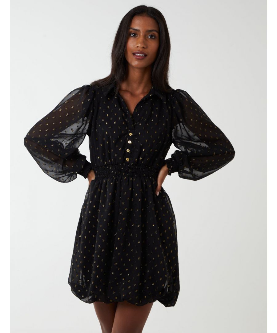 Have fun this season with our Shirred Waist & Puff Hem Shirt Dress. With a mesh top layer, a button front, and a print that runs all throughout, this dress is beautiful, fun and totally Blue Vanilla. Don't forget to match rhis dress with high knee boots. \n100% polyester 