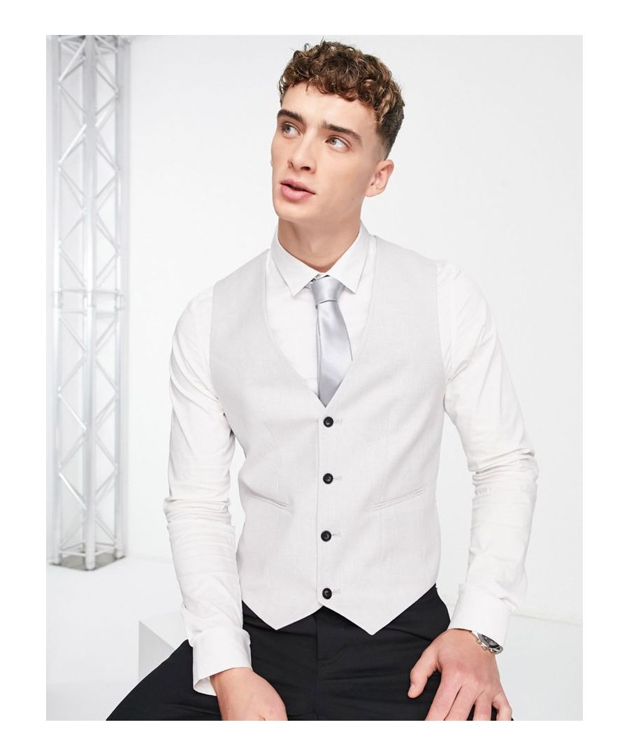 Waistcoats by ASOS DESIGN Do the smart thing V-neck Button placket Contrast back with an adjustable cinch Super-skinny fit  Sold By: Asos