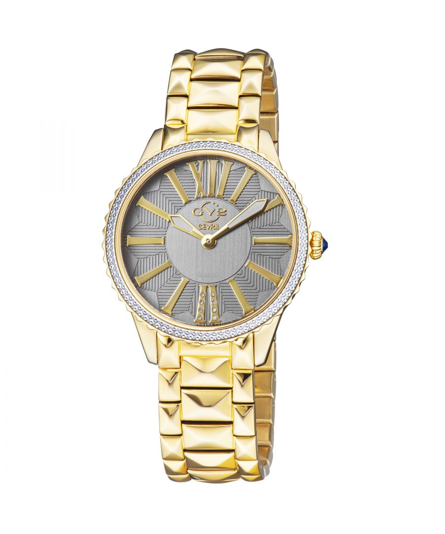 The stunning 38 mm ladies GV2 Siena watch possesses a timeless beauty that will always be in style. This classically proportioned two-hand configuration features elegant pencil hands, raised metallic bar indices, and 4 diamonds in the center of the dial.\nA glittering diamond cut bezel surrounds the tastefully minimal dial and an onion shaped fluted crown capped with a precious blue cabochon completes the inspired design. This spectacular timepiece is available in exclusive Brown, Blue, Grey, Red or White Handmade Italian Leather Strap editions, with production limited to 500 pieces each.GV2 11720 Women's Siena Genuine Diamond Watch\n\nGV2 Women's Swiss Watch from the Siena Collection\n38mm Round IPYG case, Diamond Cut Bezel\nWhite MOP Dial with 8 Single Cut Diamonds\nPush Pull Fluted Crown with Blue Cabochon Stone\nIPYG Stainless Steel Bracelet with Deployment Buckle\nAnti-reflective Sapphire Crystal\nWater Resistant to 30 Meters/3ATM\nSwiss Quartz Movement Ronda 762