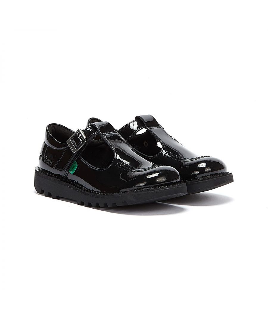 Kickers Kick T bar shoes are perfect for school. Featuring an adjustable strap with buckle closure, black on black stitching on a shiny patent leather upper and a durable rubber sole with soft innersole for a comfortable fit.\n\nMaterial: upper - leather, inner - mixed, sole - rubber