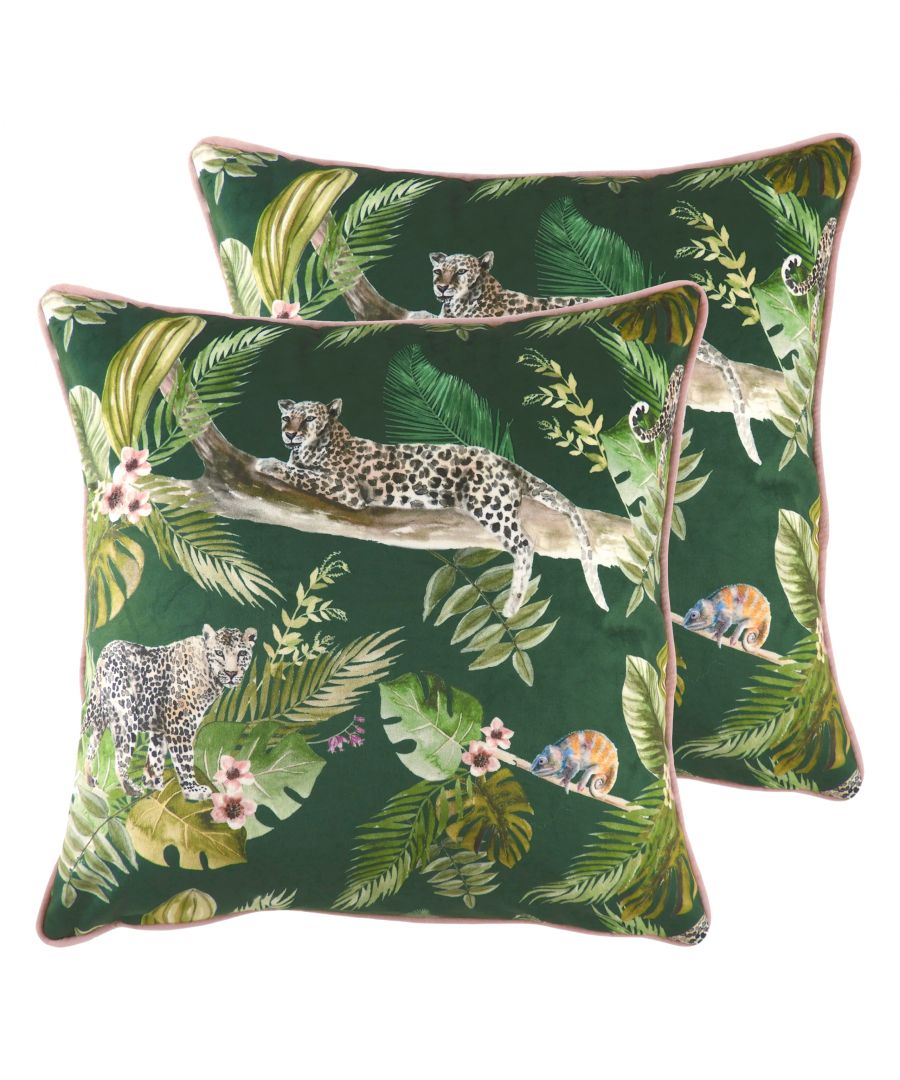 Add a touch of the rainforest into your interior with this ultra-luxe velvet feel fabric cushion. With a hand painted design of Leopards resting in the tree's - this design will sure make a statement in any contemporary or modern home.
