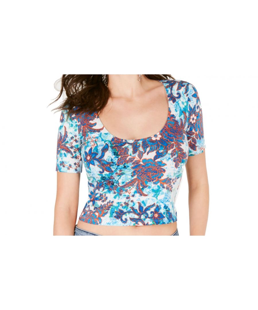 Color: Blues Size Type: Regular Size (Women's): L Sleeve Length: Short Sleeve Type: T-Shirt Style: Crop Top Neckline: Scoop Neck Pattern: Floral Theme: Colorful Material: Cotton Blends