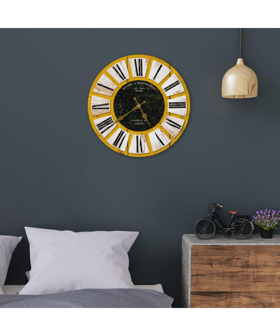 - Add a splash of colour and playfulness to your living room, study or bedroom with our Yellow Vintage Wall Clock! \n- The clock is lightweight and can be hang on the wall by one person. \n- Our clock has a quartz mechanism (not silent) operated by 1 AA battery (not included) with a clear and easy to read analogue time display. \n- We warrant the clock against defects in materials & manufacture under ordinary consumer use for two years from the date of purchase. \n- Please keep your receipt, e-receipt or order confirmation for the warranty to be validated.